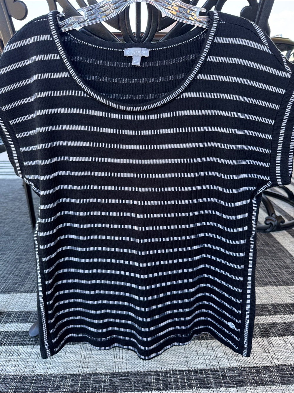T by Talbots Black and White Striped Short Sleeve Knit Top